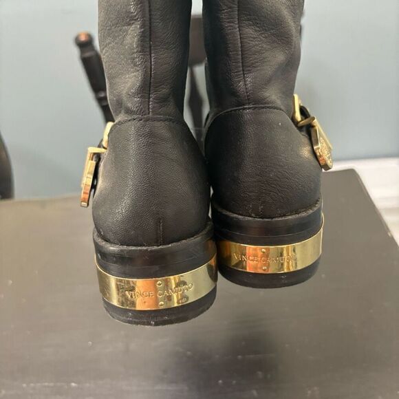 Vince Camuto Michell Bleack Leather Harness Boots Gold Tone Buckles 8 Medium - Picture 4 of 6